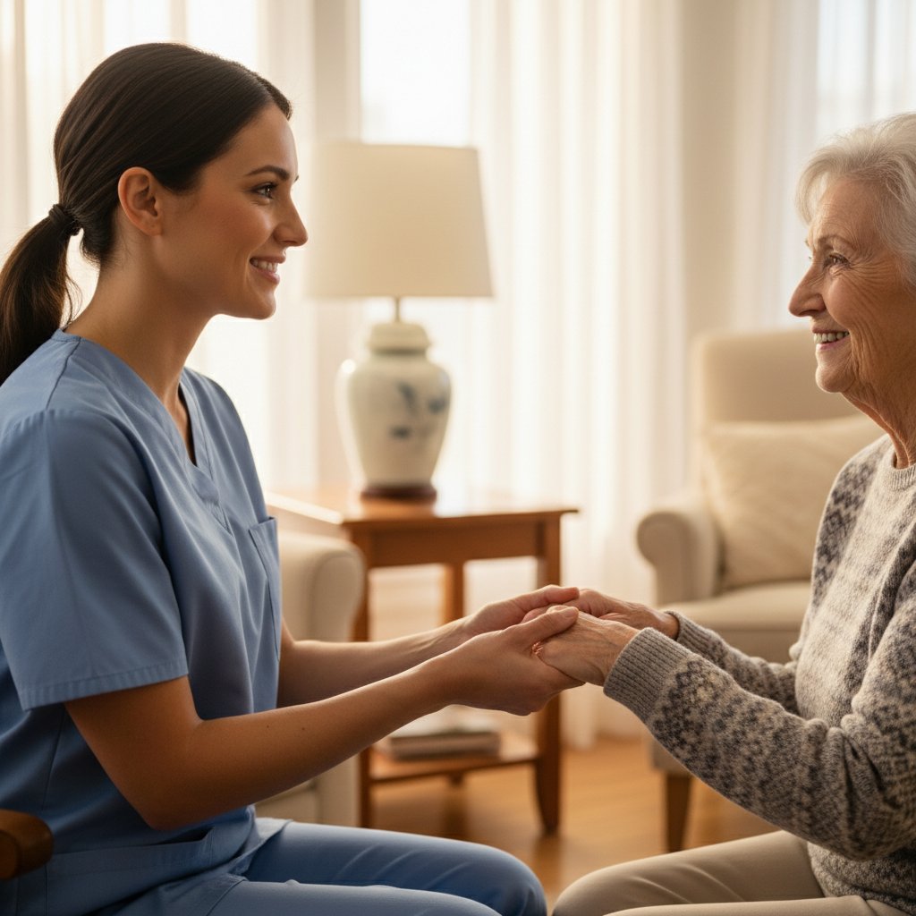 Professional carer assisting elderly person in comfortable home environment in London